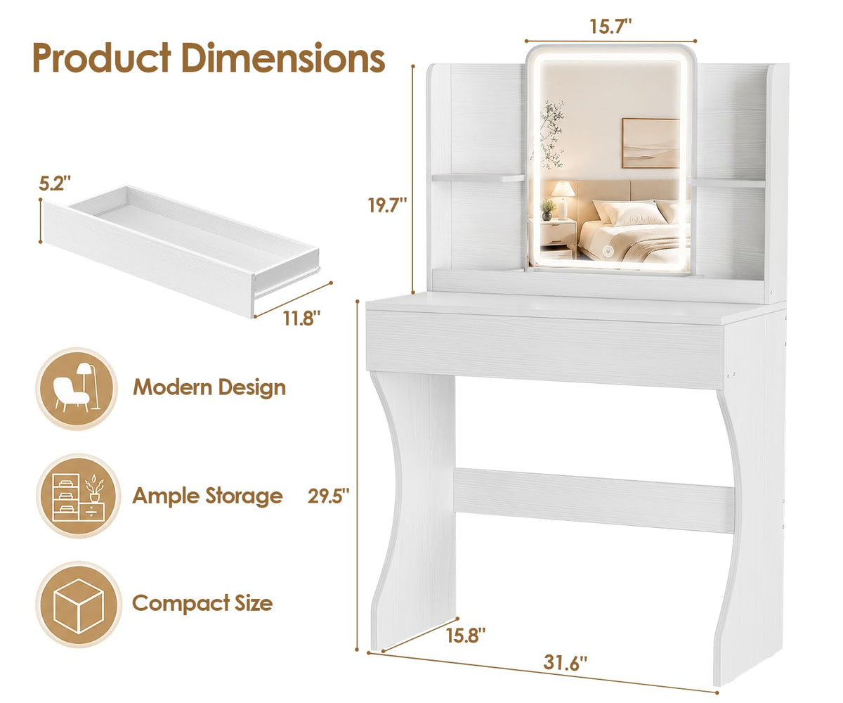 White Small Vanity Desk With Mirror and Lights, 3 Light Modes & Dimmable