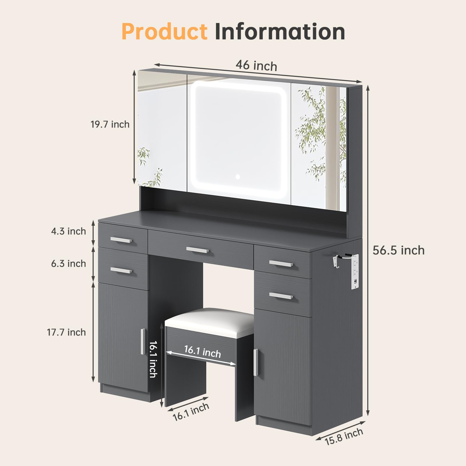 Makeup Vanity Set with Tri-Fold Mirror, Lights & Storage Stool