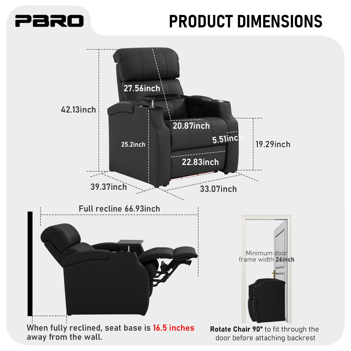 PBRO Home Theater Seating Top Grain Leather Theater Recliner Sofa Zero Gravity Movie Theater Reclining Chairs for Living Room with Power Headrest, USB Charge, Ambient Lighting Black, 1-Seat