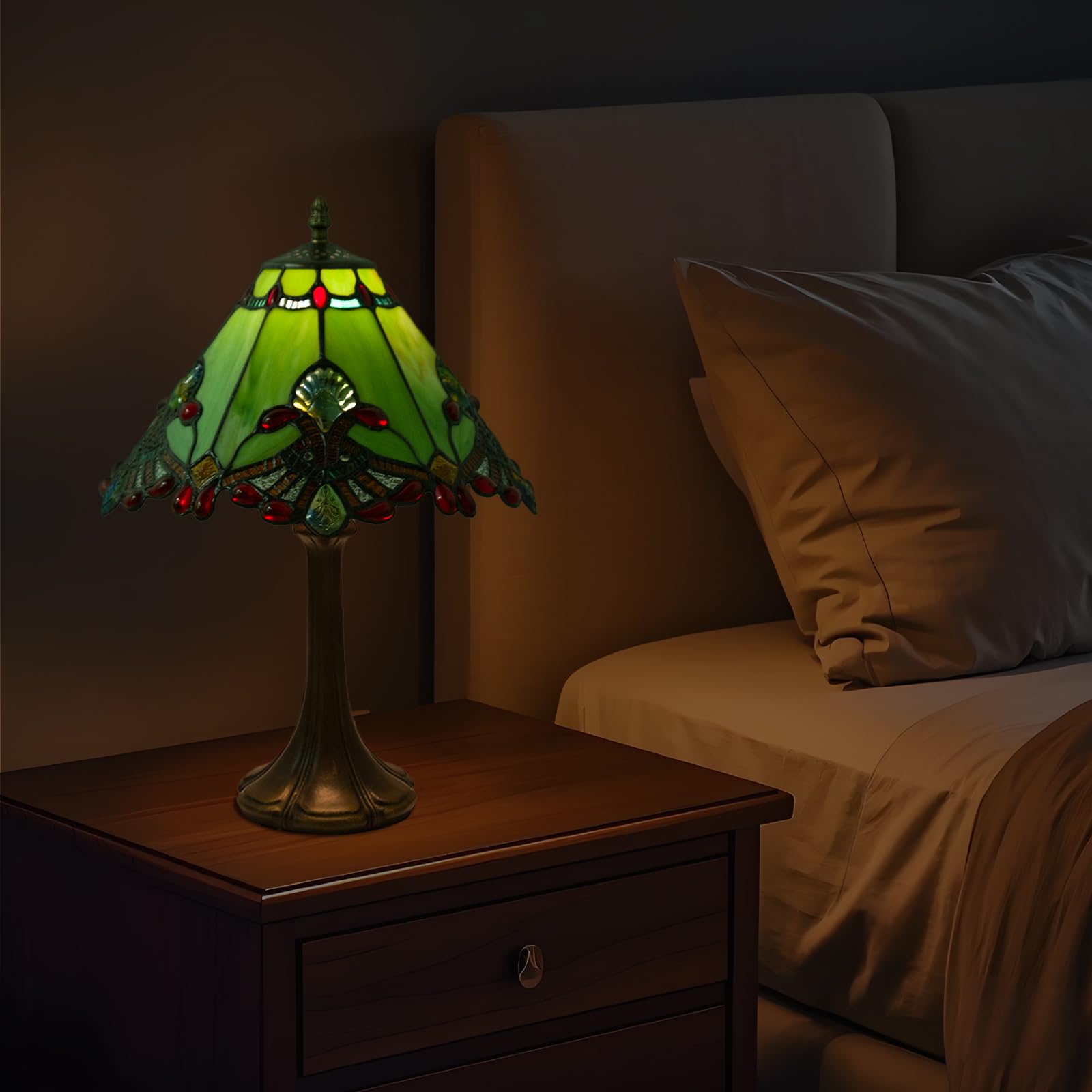 JHuiLap 12 Inch Tiffany Style Table Lamp, Baroque Stained Glass Lamp with Remote Control, Stepless Dimmable & 3 Color Temperatures, Desk Lamps for Bedroom Farmhouse Bedside Nightstand Bedside（Green