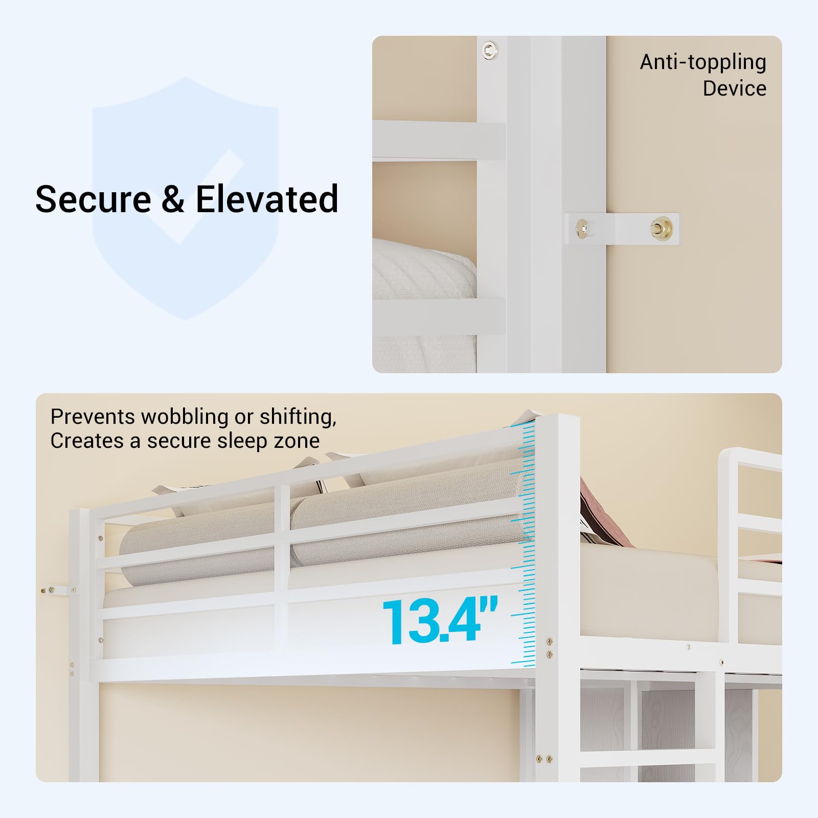 ADORNEVE Full Size Loft Bed with L Desk, 5-Tier Bookshelf, 5 Storage Drawers, LED Metal Loft Bed with Power Outlet, Loft Beds with Safety Guardrail & Ladders, No Box Spring Needed, White