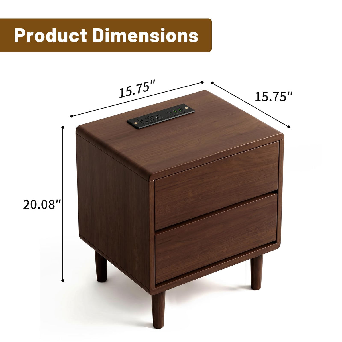 Solid Wood Nightstand with Charging Station,USB-C Port, 15.7 inch Wide End Table with 2 Drawers, Modern Wood Bedside Table for Bedroom(Walnut)