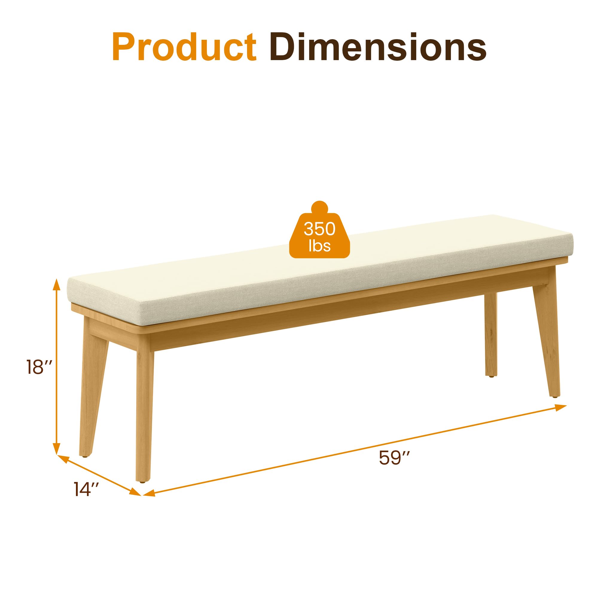 Wisteria Lane Acacia Outdoor Bench with Removable and Washable Cushion, 59" L×15.82" W Porch Bench, All-Weather Solid Wood Outside Chair for Proch Garden, Lawn
