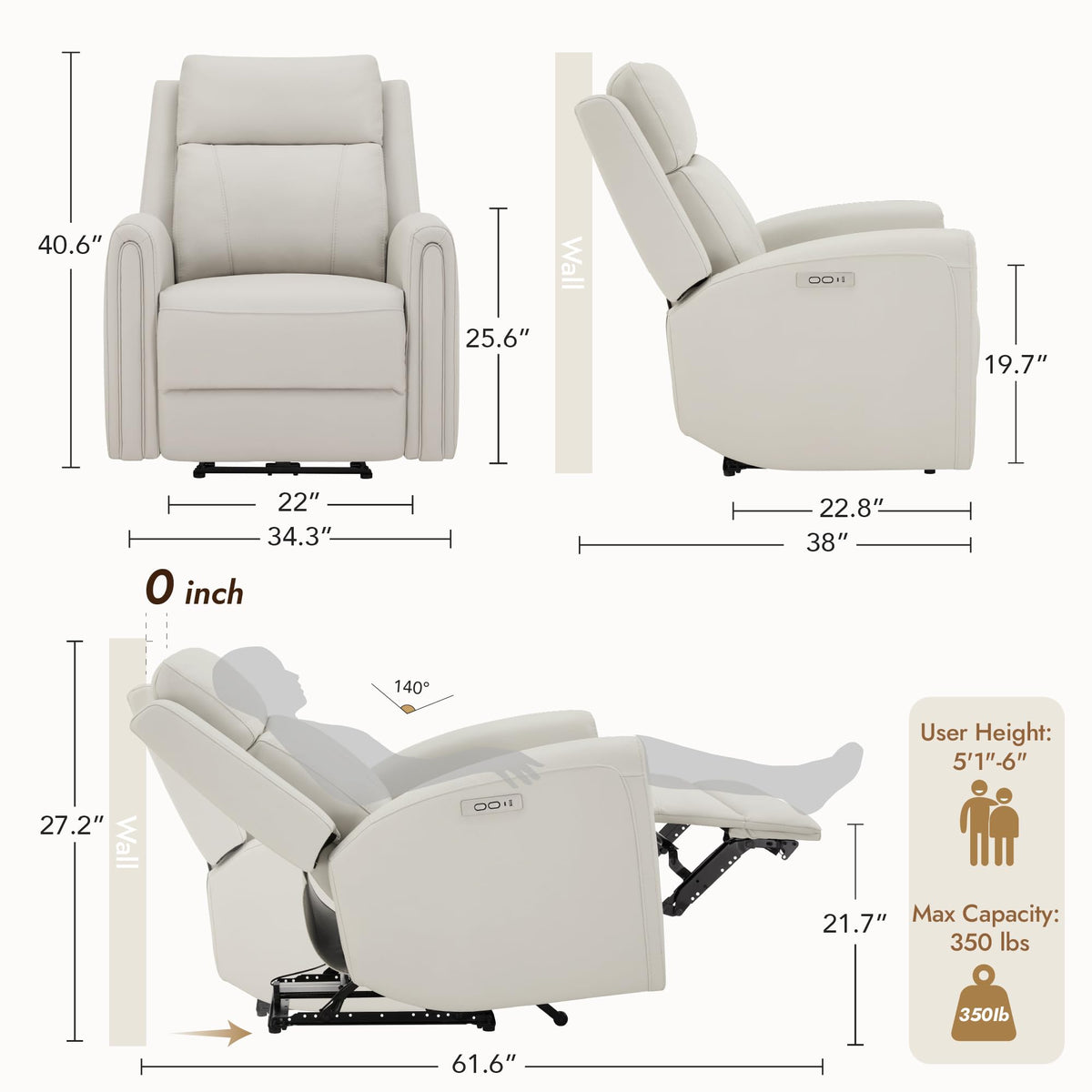 Watson & Whitely Zero Wall Power Recliner Chair for Small Spaces, Cream