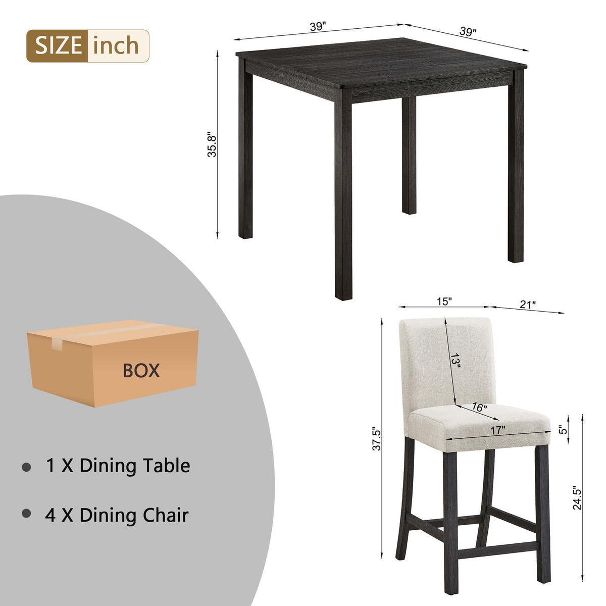 LUMISOL 5 Piece Counter Height Dining Table Set for 4 with Upholstered Chairs, 39 Inch Square Kitchen Table with Solid Wood Frame, Space Saving Dining Set for Small Apartment, Antique Black and Beige