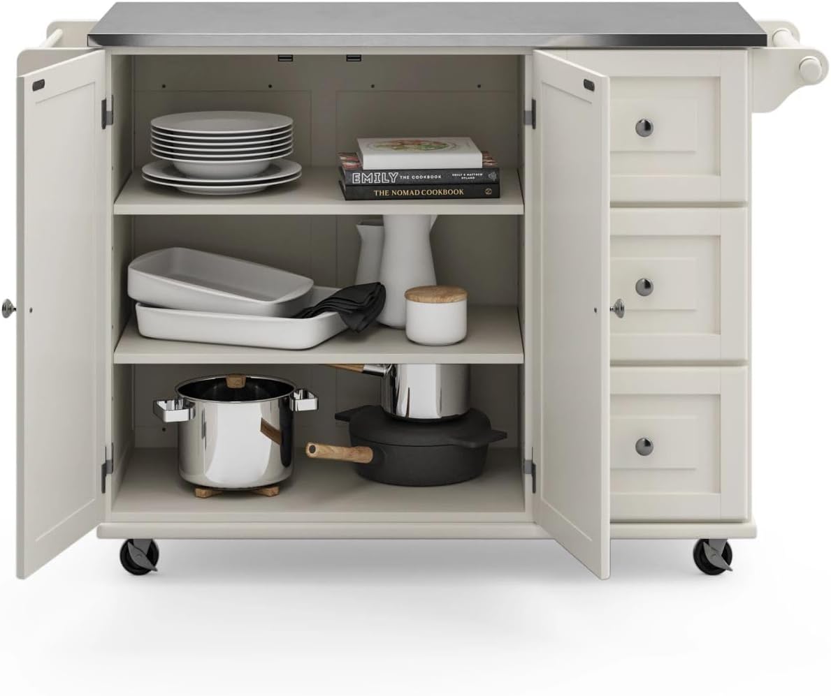53.5" Kitchen Island Cart with Storage, Rolling Kitchen Cart on Wheels with Stainless Steel Top, Mobile Prep Station with Drawers, Cabinets, Adjustable Shelves & Towel Rack, Solid Wood, Off White