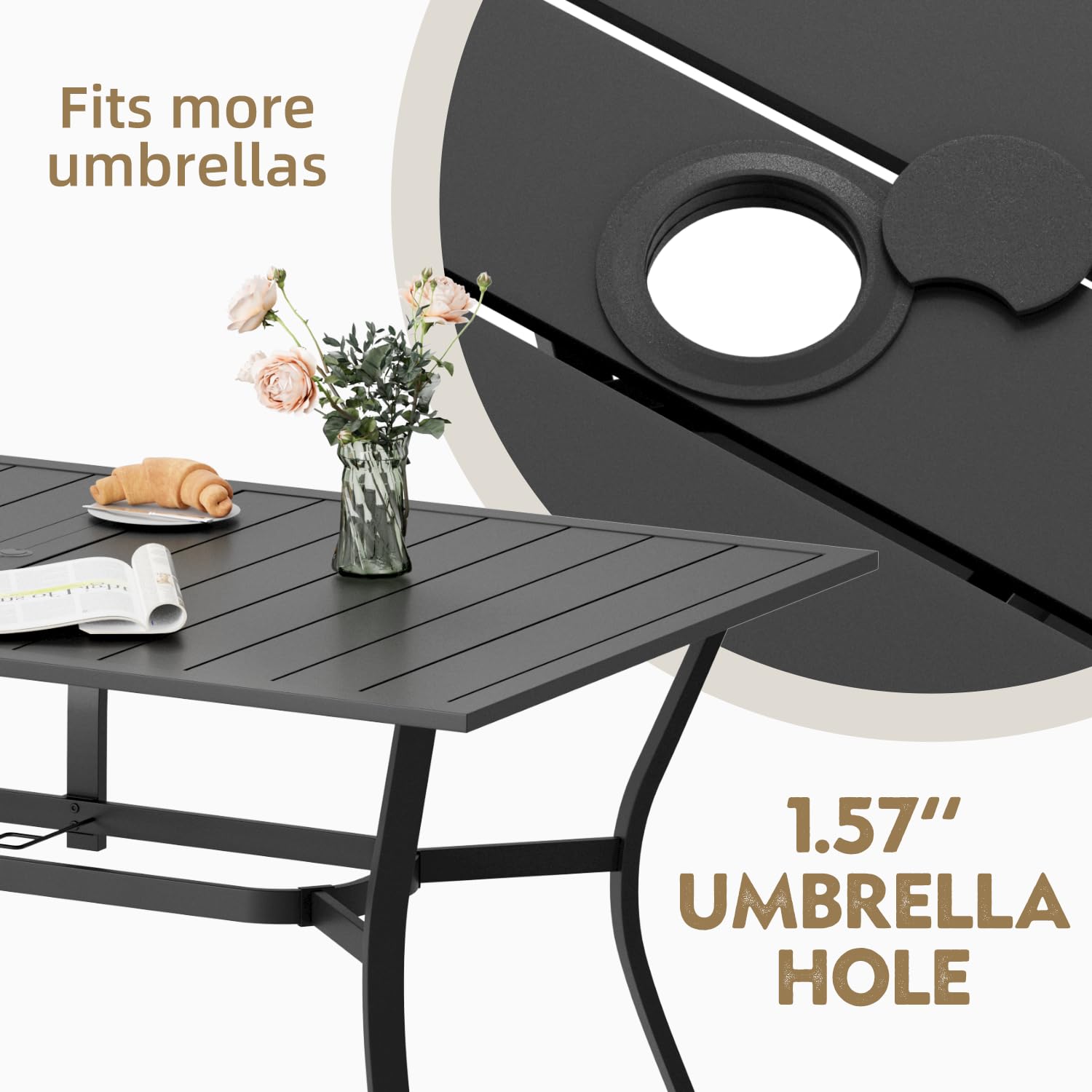 MELLCOM 63''x38'' Outdoor Dining Table for 6, E-Coating Metal Patio Dining Table with 1.57'' Umbrella Hole, All-Weather Black Rectangular Table for Porch, Garden, Backyard, Poolside, Lawn