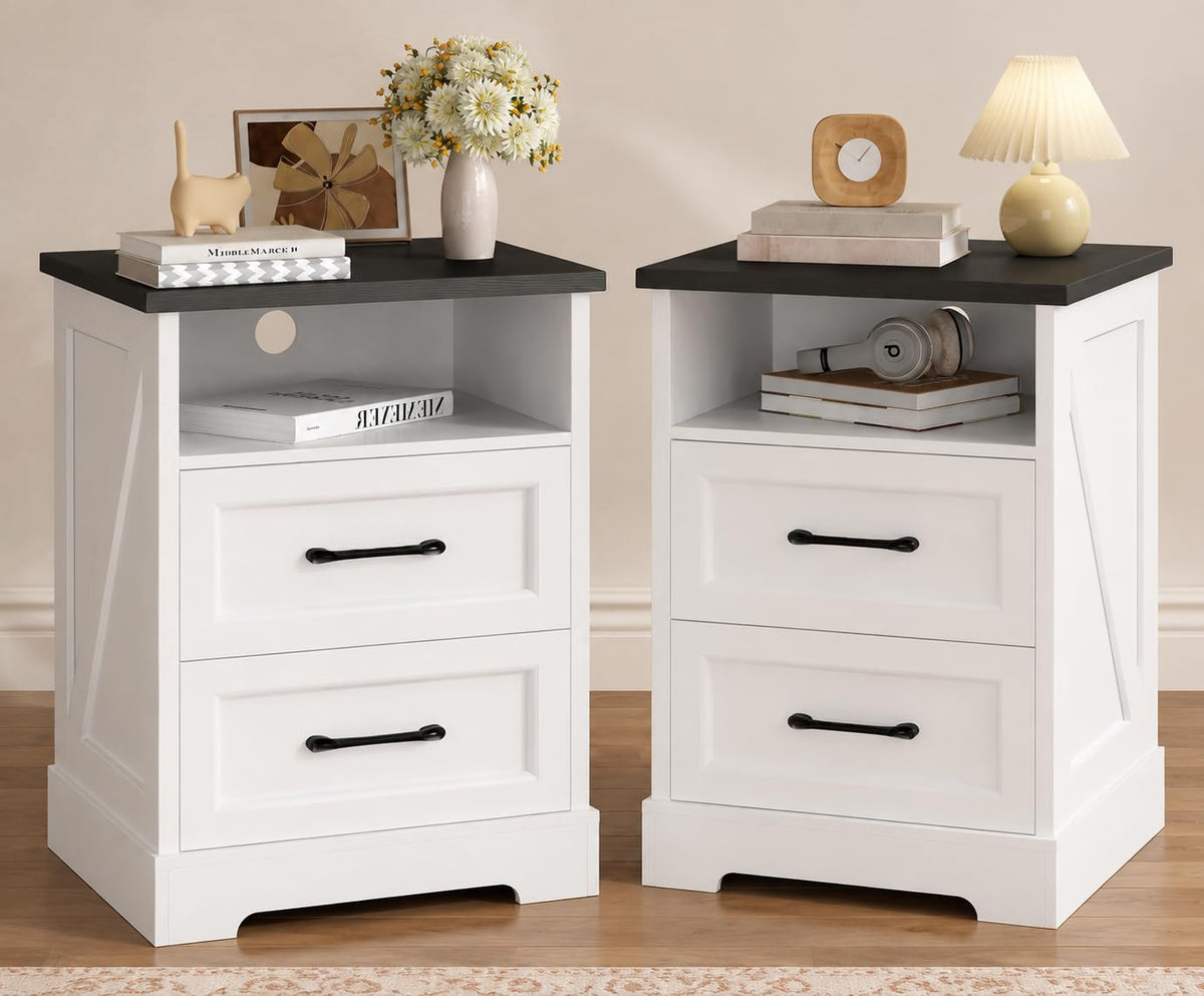 White Farmhouse Nightstands, Set of 2