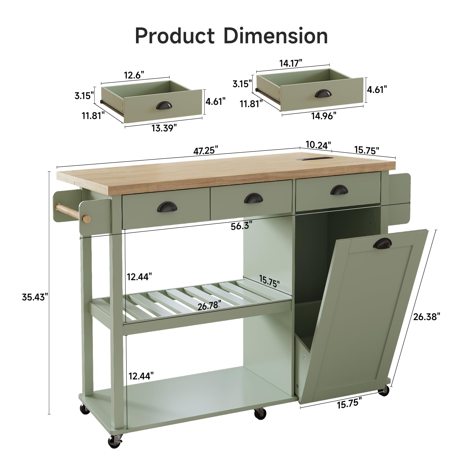 Rolling Kitchen Cart with Drop Leaf & Trash Cabinet