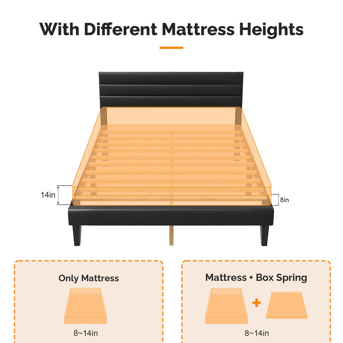 VINGLI Upholstered Bed Frame Queen, Faux Leather Platform Bed with Adjustable Headboard, Wood Mattress Foundation with Heavy Duty Slats Support,Luxury Modern,No Box Spring Needed, Black
