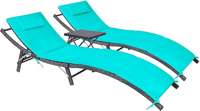 Outdoor Rattan Chaise Lounge Set of 3 with Folding Table