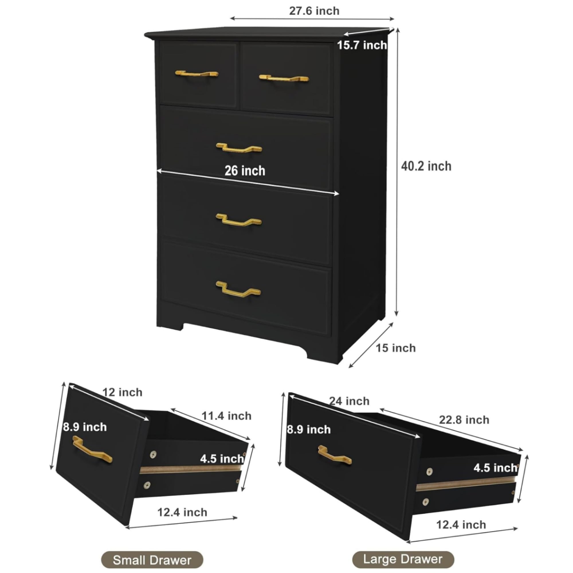 NEDYO 5 Drawer Accent Cabinet, Modern Tall Chest, Wooden Storage Organizer Cabinet fo Living Room, Hallway, Entryway, Office. Black