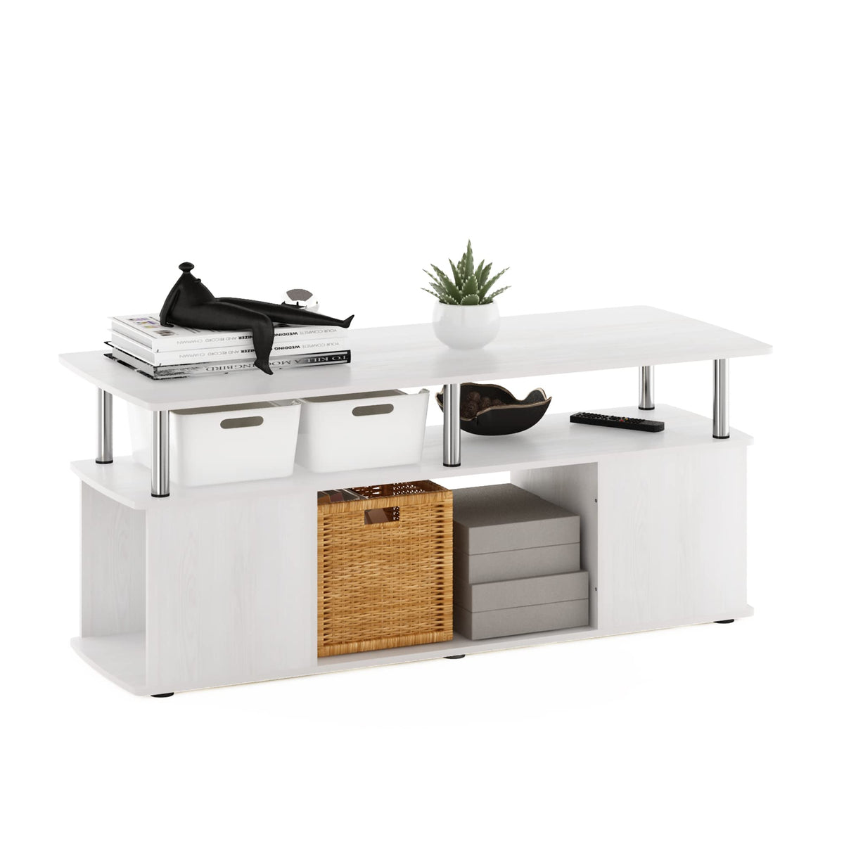 Furinno Jaya TV Stand, 3-Tier Entertainment Center with Open Shelf, TV Console for TV up to 50 Inch with Side Storage Compartments, for Living Room, Bedroom, White Oak/Stainless Steel