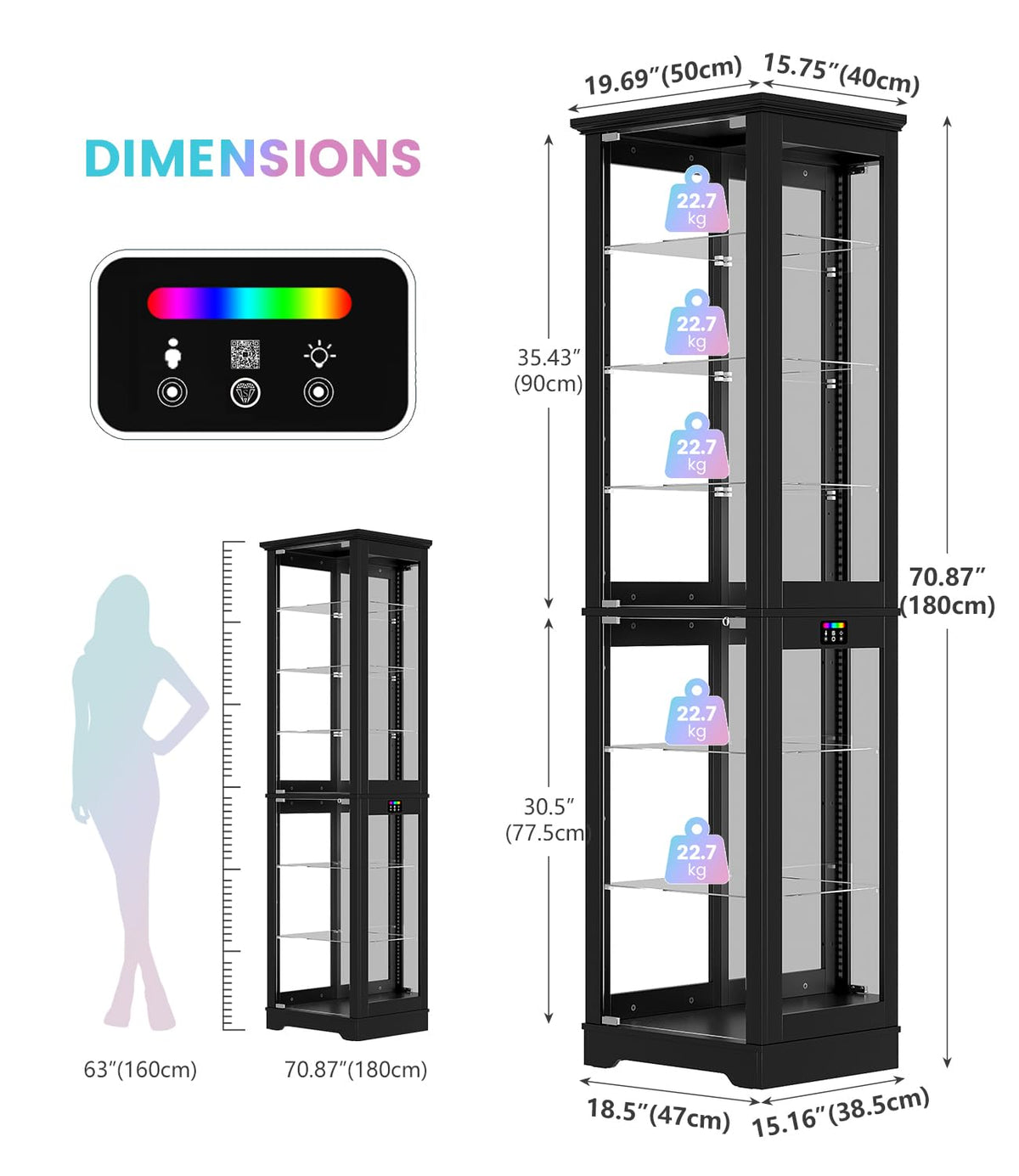 LVSOMT 71“ Tall Bar Cabinet with RGB Lights & Glass Doors, 7-Tier, Black