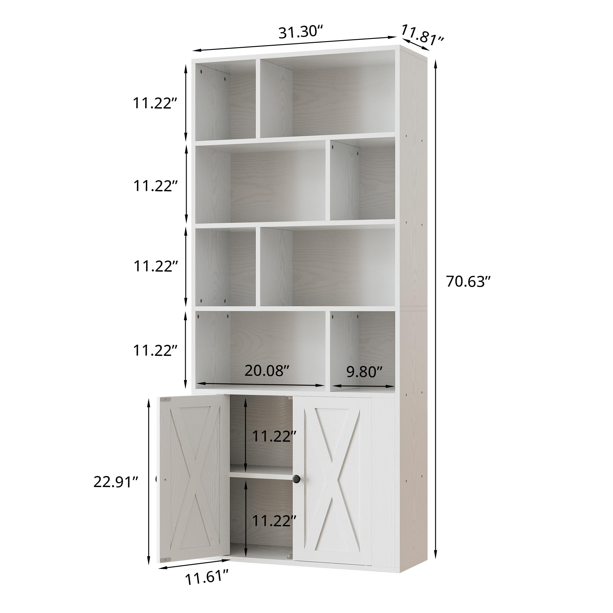 IRONCK Book Shelf, Tall Bookshelf with Storage, Bookshelves and Bookcases with Doors, 4-Tier Bookcase with 8 Open Cubes for Living Room, Office, Study, White