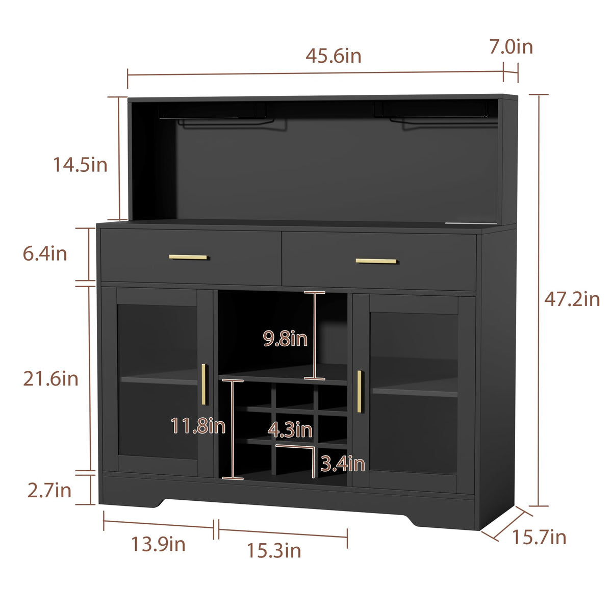 Smilets Wine Bar Cabinet with LED Lights, Liquor Cabinet for Home, Coffee Bar Cabinet with Wine Rack and Glass Holder, Black Home Bar Cabinets, Kitchen Buffet Sideboard for Living Room, Dining Room