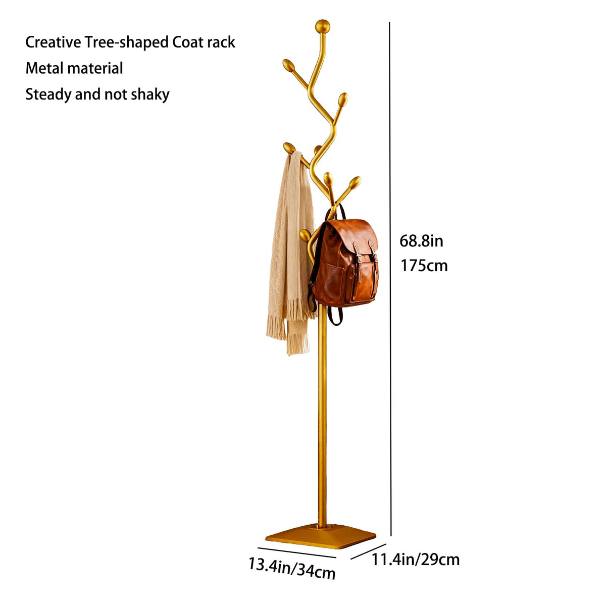 BUZUEY Gold Coat Rack Freestanding Metal Tree Coat Stand with Hooks,Modern Decorative Standing Hat Rack for Entryway Bedroom Living Room