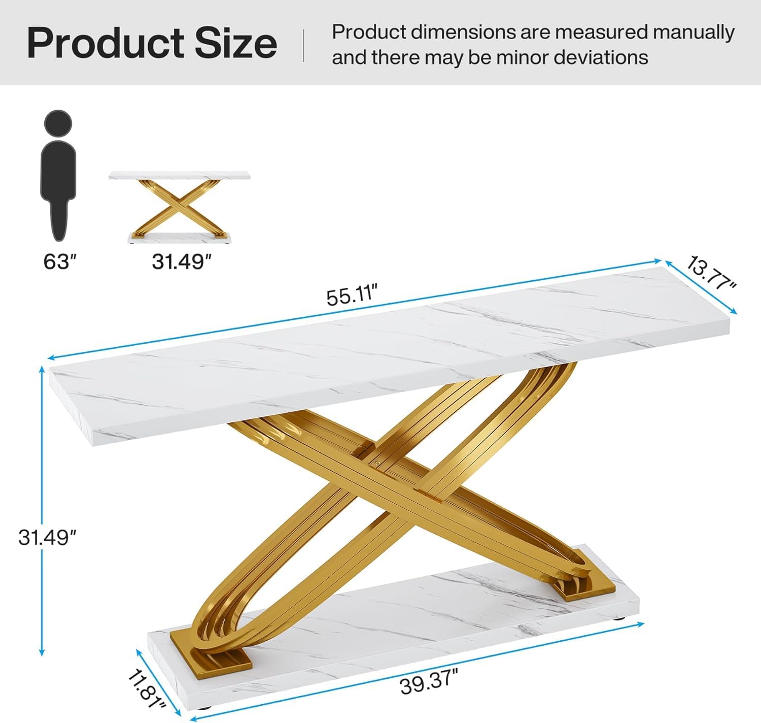 Tribesigns 55 Inch Modern Console Table, Gold Entryway Table Behind Sofa Couch, Narrow Rectangular Sofa Table for Living Room, Bedroom, Front Hall, Hallway, Gold & White