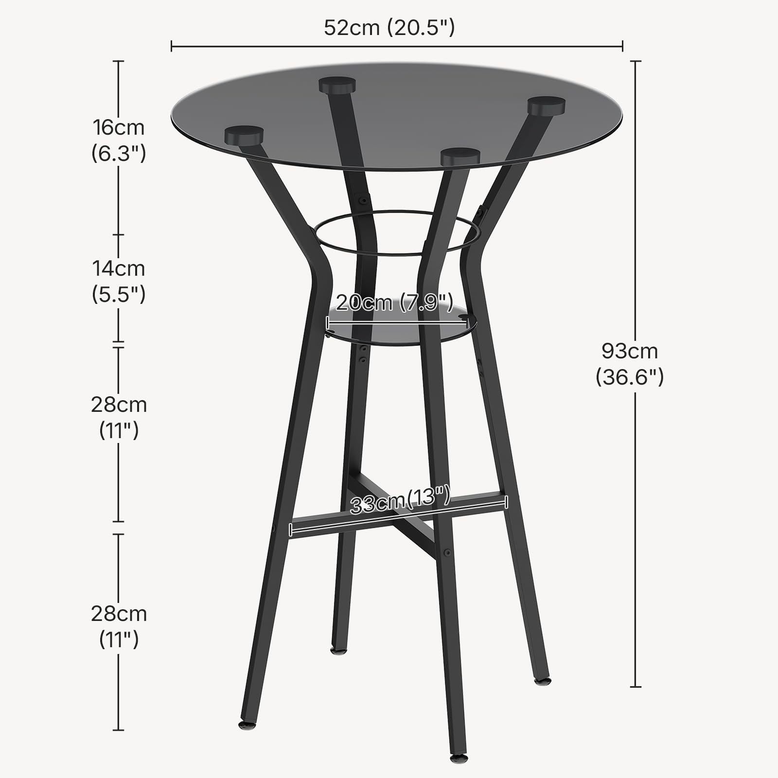 YATINEY Bar Table, 2-Tier Round High Top Table, Pub Table, Home Bar Counter Height, Bistro Tables, for Kitchen, Living Room, Meeting Room, Pub, Transparent and Black BT03BK