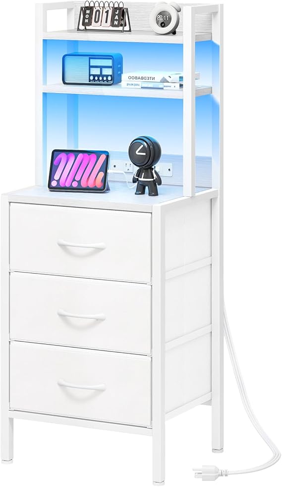 LED Nightstand with Charging Station & Storage Drawers