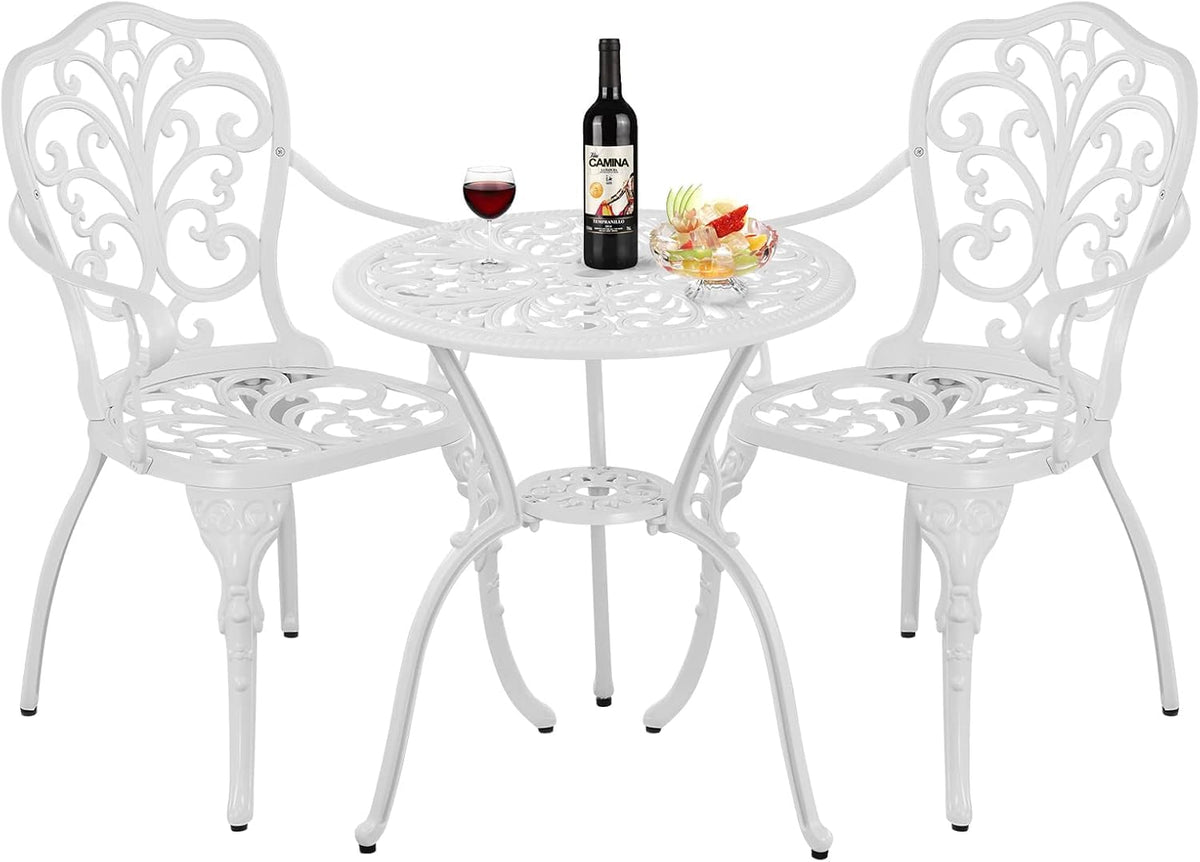 Withniture Outdoor Cast Aluminum Bistro Table and Chairs Set of 2 with 1.97" Umbrella Hole,All Weather 3 Piece Patio Bistro Set for Yard (White)