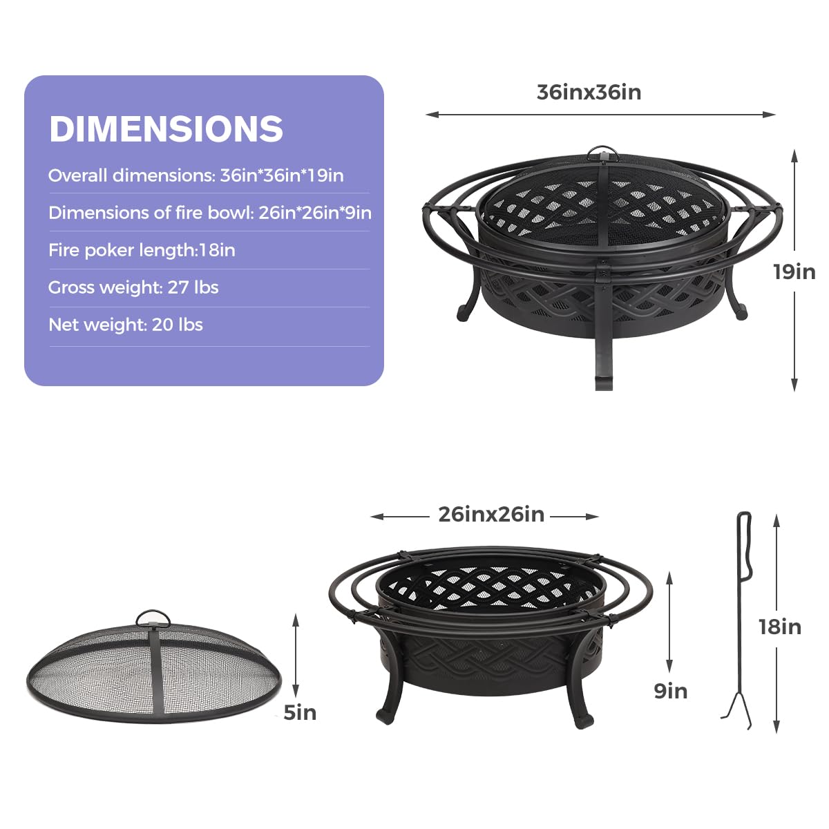 Panovue 36 Inch Outdoor Fire Pit with 2 Loops Spark Screen Black