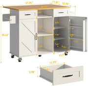 knoworld 51.5'' Rolling Kitchen Island with Storage Cabinet & Drawers, Drop Leaf Kitchen Cart on Wheels, Farmhouse Portable Mobile Islands, Large Butcher Block Table with Tower/Spice Rack, White