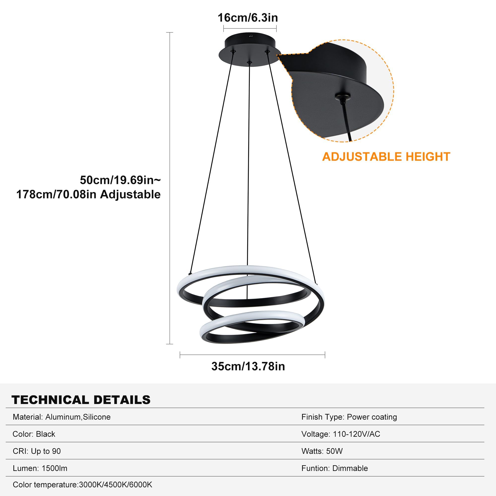 Mayful 13.78 inches Black Modern Chandelier with Remote Control, 3 Rings 3-Color Dimmable Led Chandeliers, Height Adjustable Living Room Chandelier for Dining Room, Entrance, Foyer