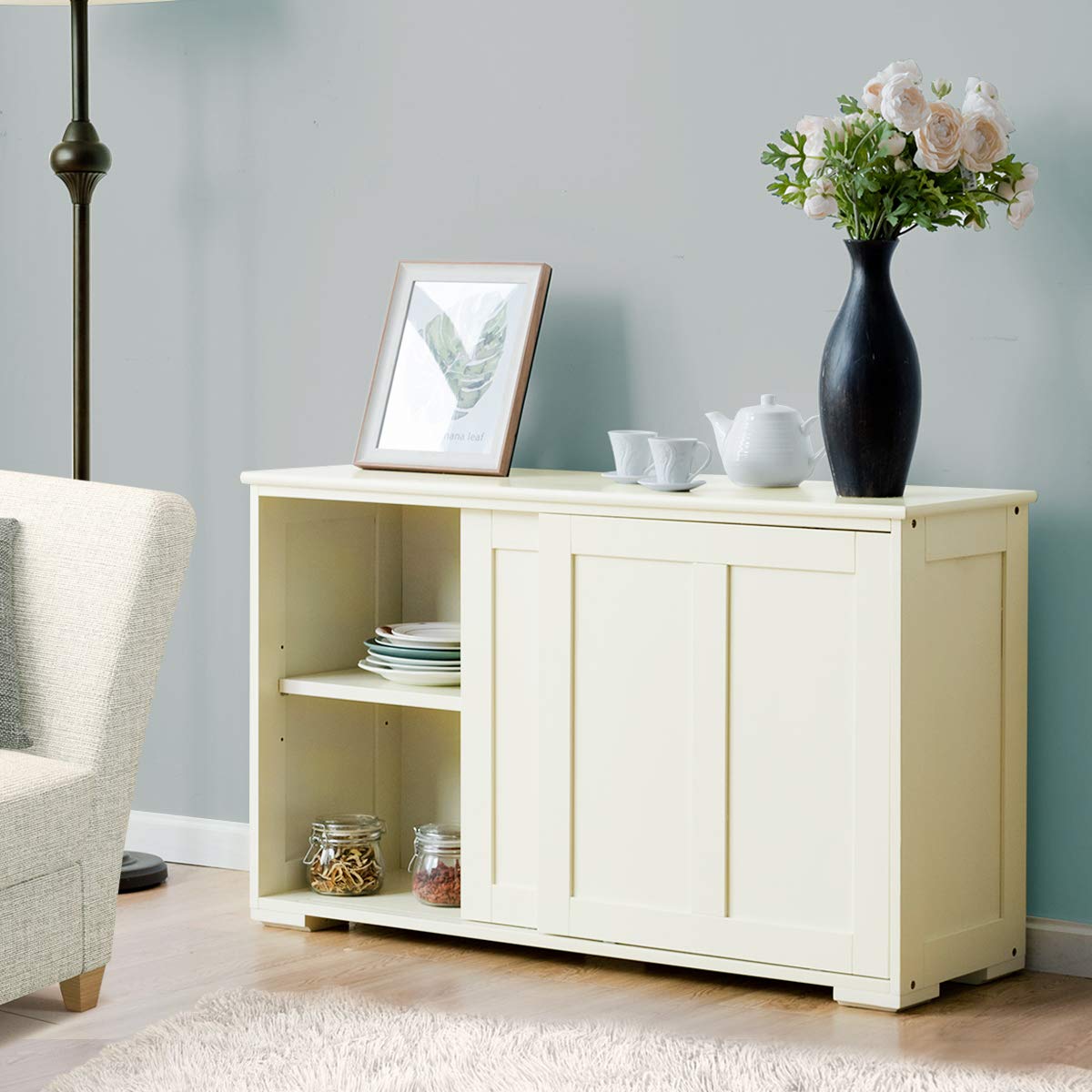 GLOBALWAY Server Console Table with Sliding Door, 3-Postion Shelf, Classic Buffet Cabinet for Dining, Living Room, Hallway Kitchen Sideboard, Brown (White)