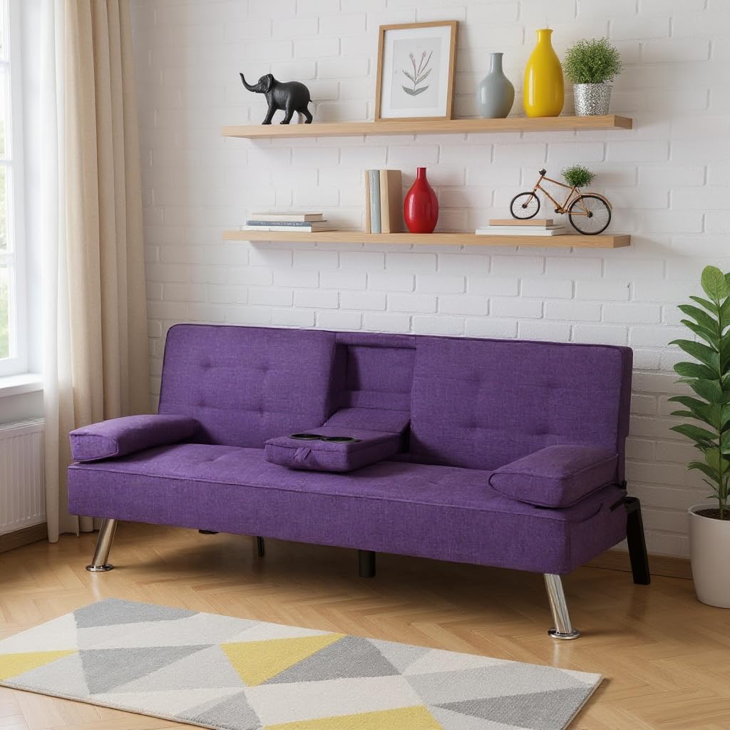 Purple Futon Sofa Bed with Cup Holders