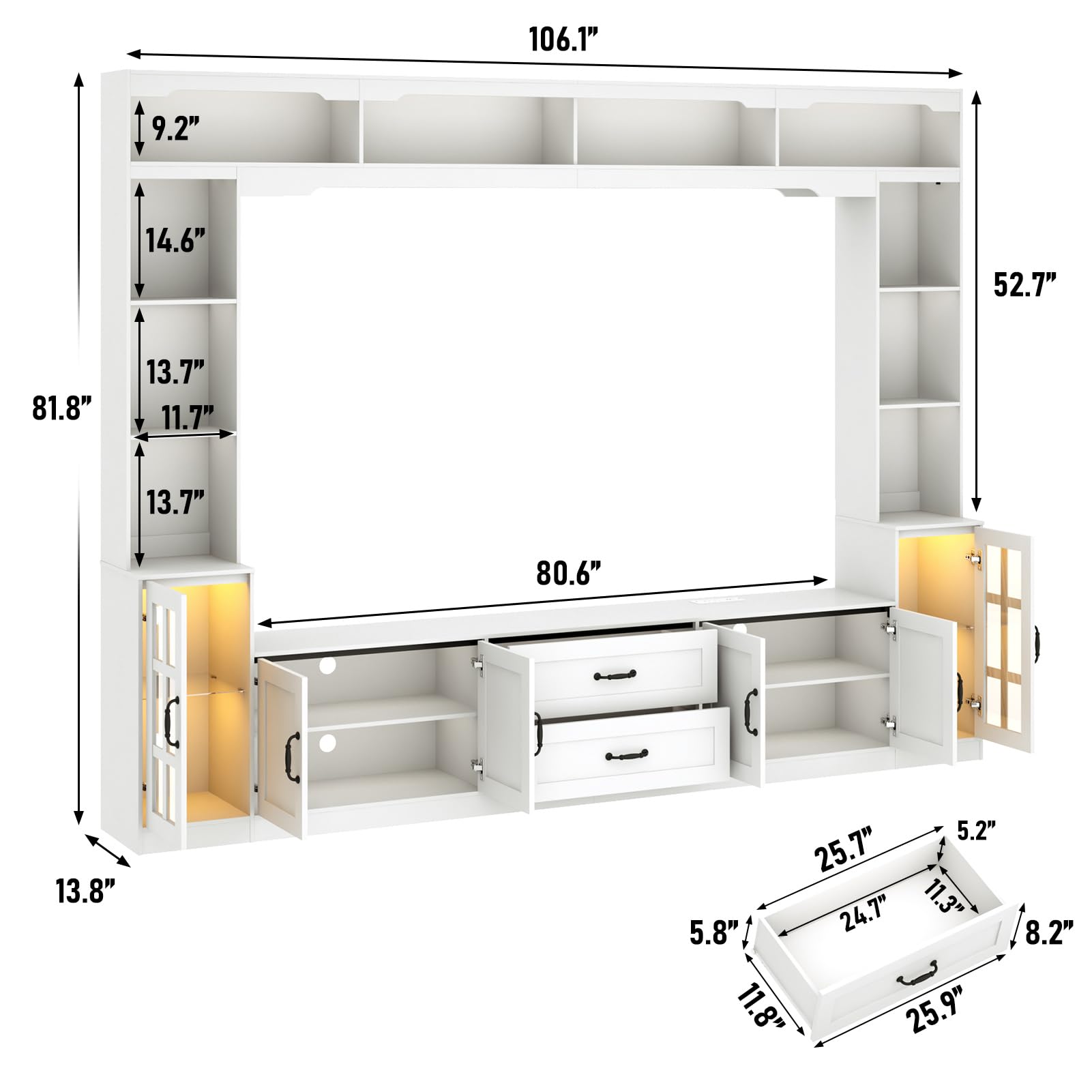chartustriable 106" Large Wall Unit TV Stand Set w/Bookshelves for 80 90 Inch TV, Entertainment Center w/Open Shelves, Drawers, White Wall Units for Living Room w/Storage,Adjustable Shelves Cabine