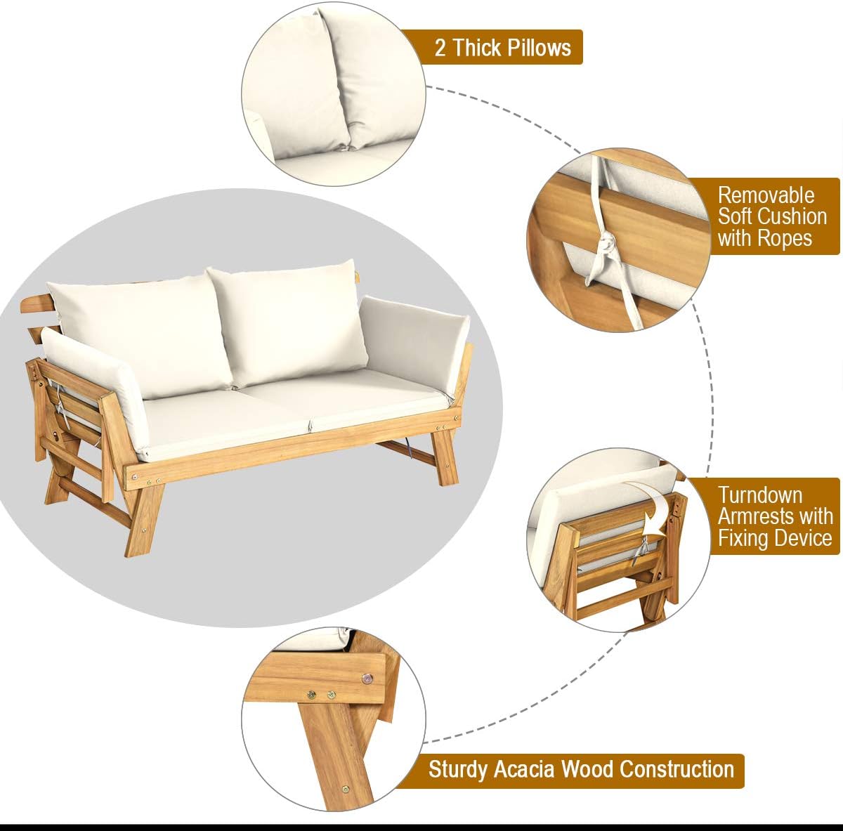 Acacia Wood Outdoor Daybed with Adjustable Armrests & Cushions