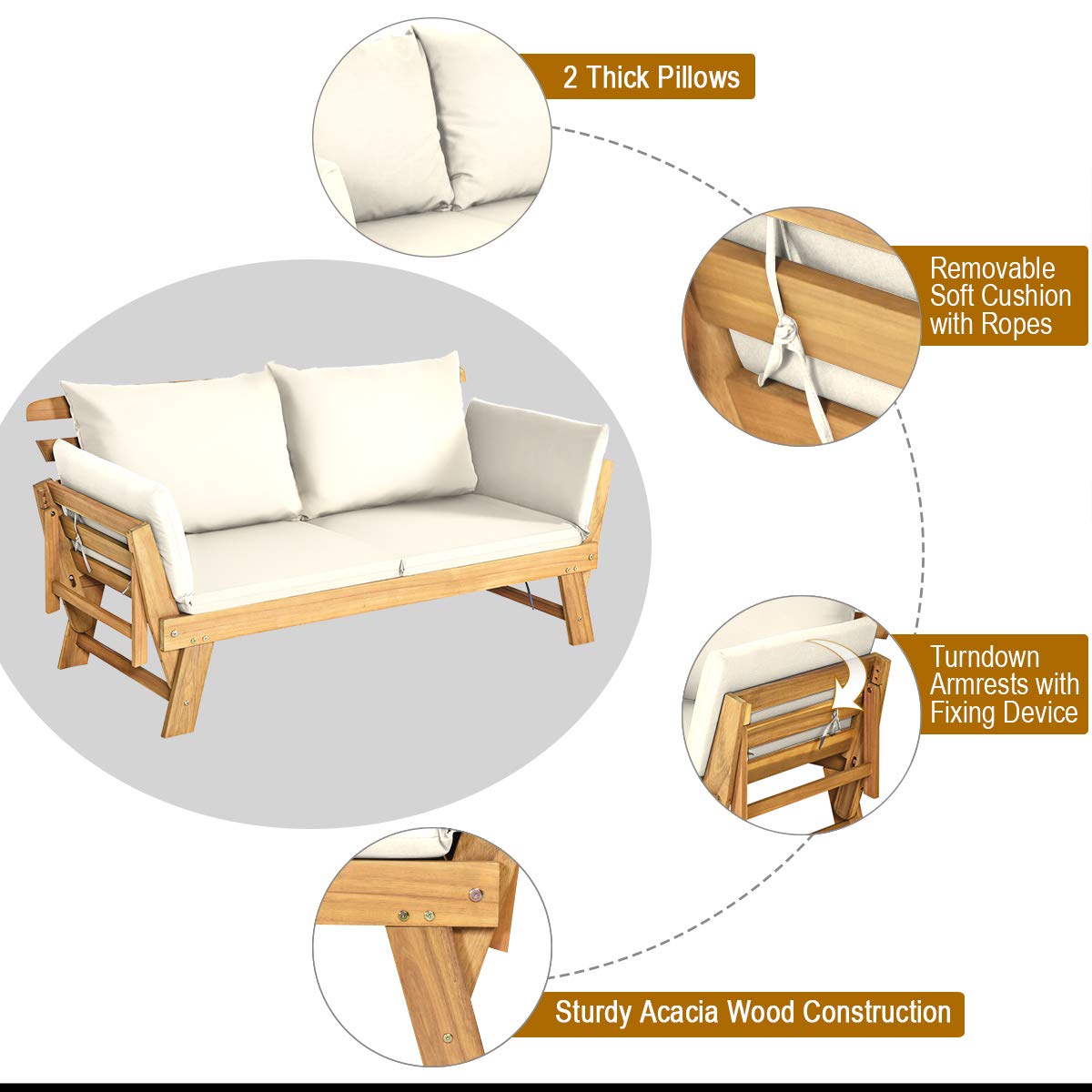 Acacia Wood Outdoor Daybed with Adjustable Armrests & Cushions
