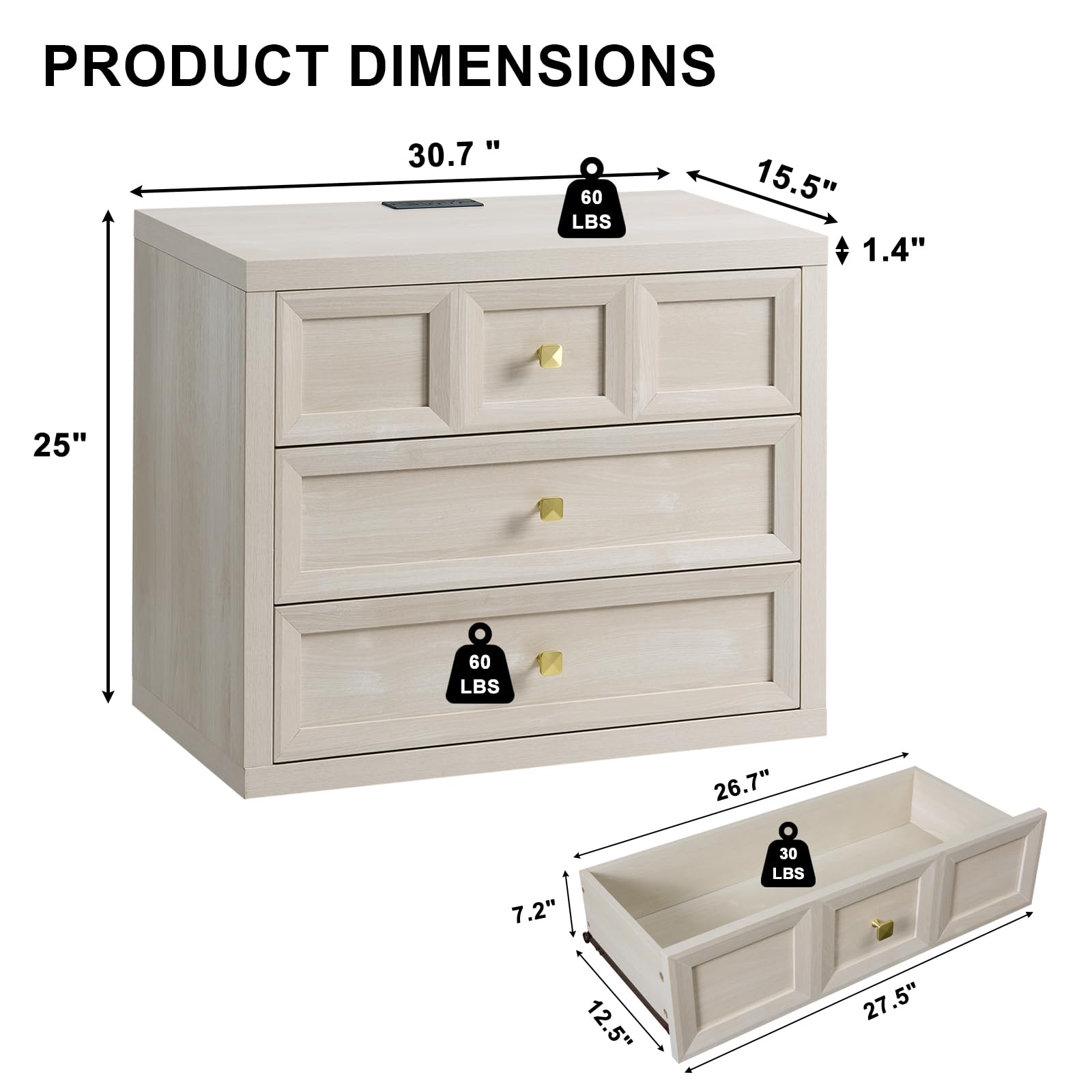 Modern 3-Drawer Nightstand Set of 2 with Charging Station