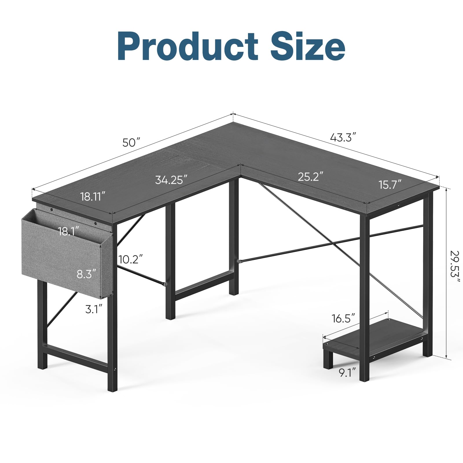 OLIXIS L Shaped Desk, 50-Inch Office Computer Gaming Desks Corner PC Table with Side Bag and Reversible Shelf for Home Work Study Writing Black