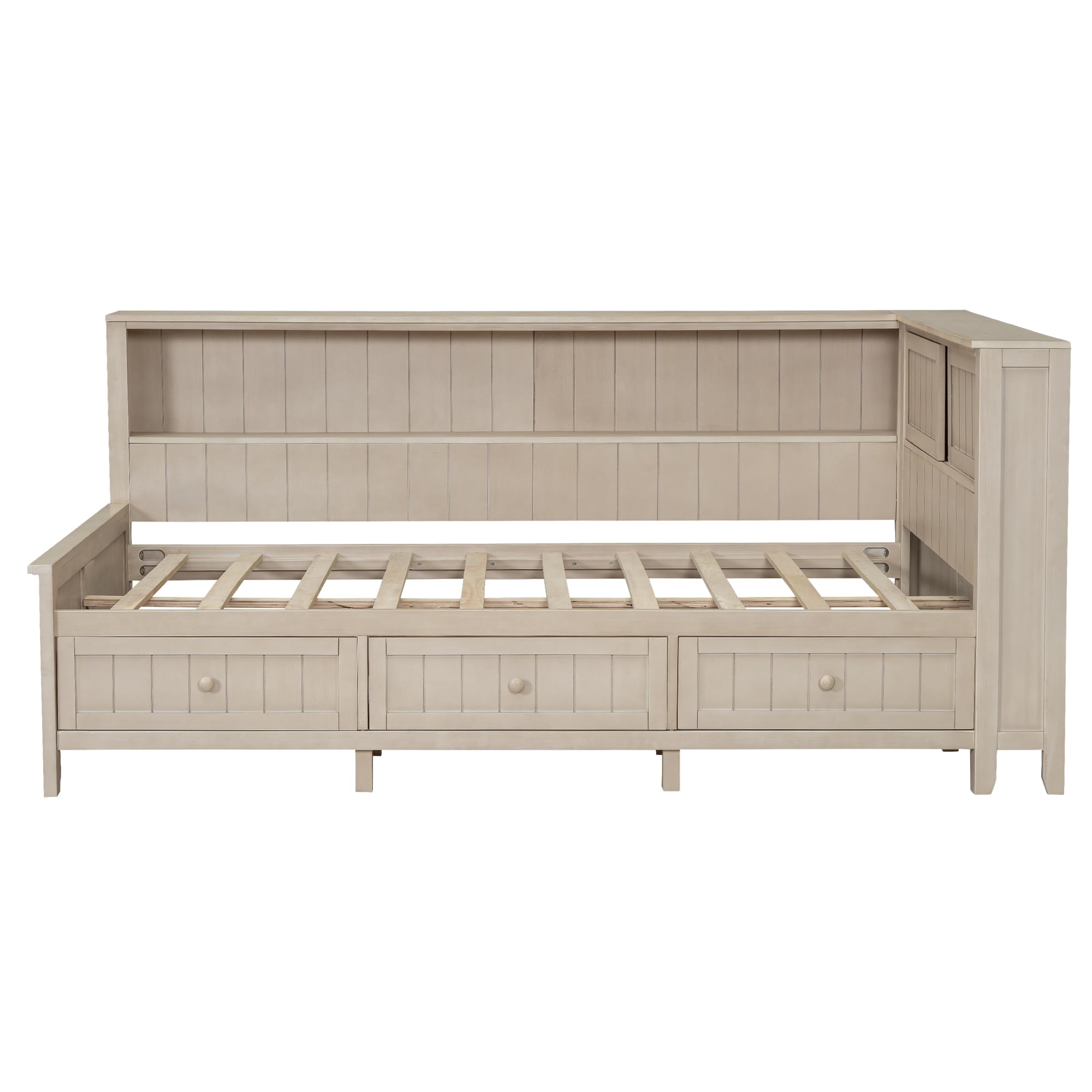 Zeephrog Twin Size Wood Daybed with Trundle and Storage Shelves, Antique White Daybed Frame with Drawers – No Box Spring Needed