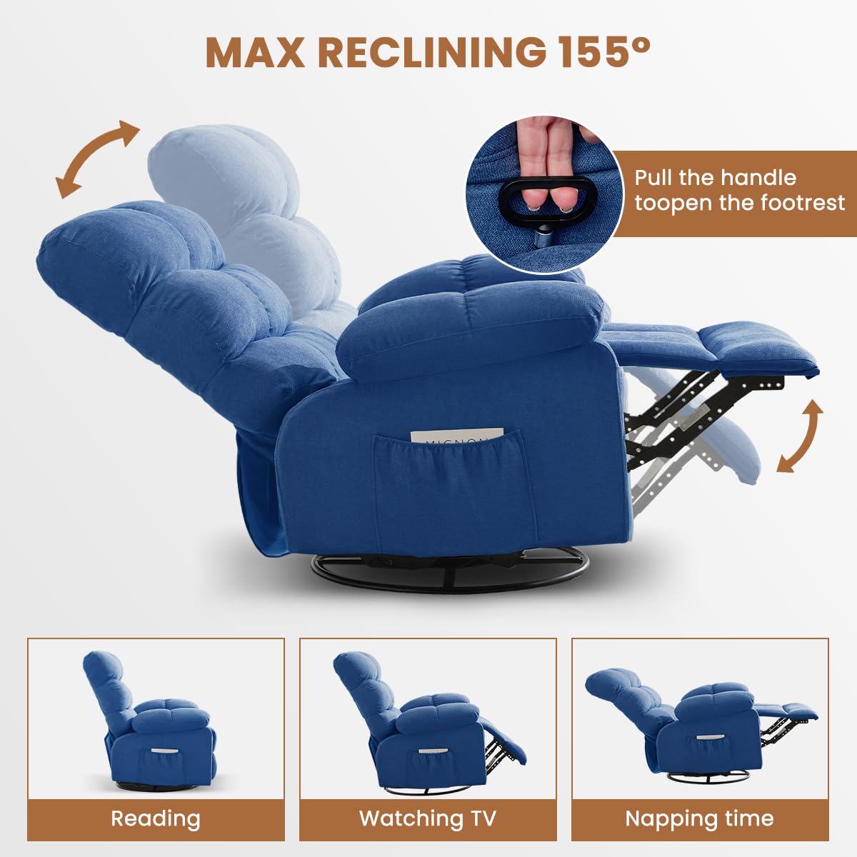 Swivel Rocker Recliner Chair for Adults, 360° Upholstered Manual Recliners for Small Spaces, Single Seat Glider Reclining Chair with Side Pockets, Ergonomic Reading Chair for Living Room, RV, Bedroom