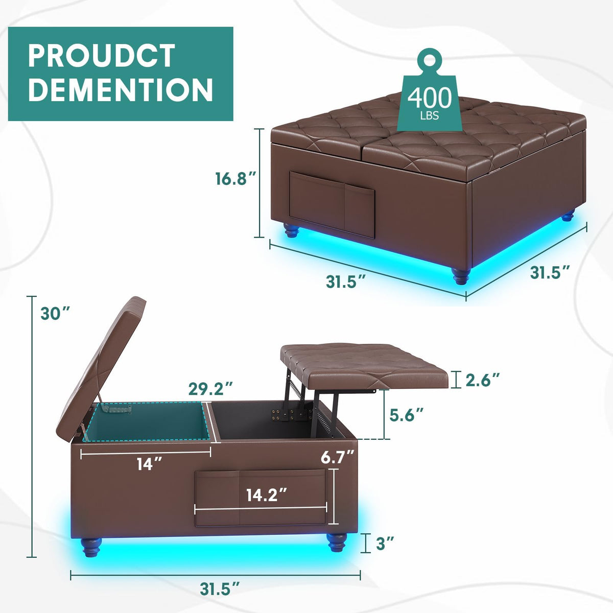busyaeh Storage Ottoman Coffee Table,Square Ottoman Bench with LED Lights