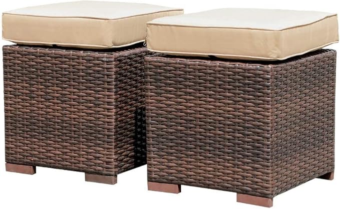 Outdoor Wicker Ottoman Set of 2 with Cushions