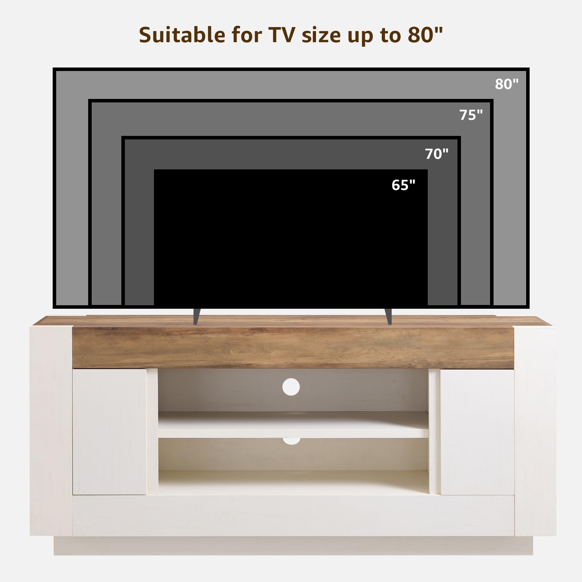 OKD Modern 70" TV Stand, Entertainment Center for TVs Up to 80", Media Console with Large Open Storage & Side Cabinets, Thick Wood Design for Living Room, Antique White