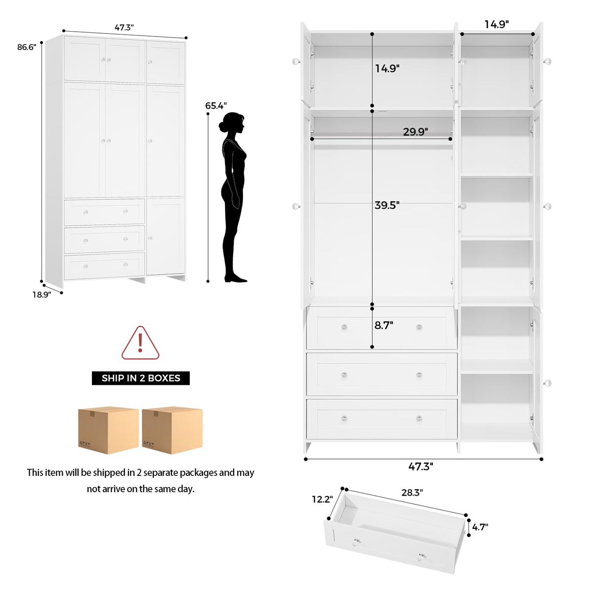 VOWNER 87"Tall Armoire Wardrobe Closet with Overhead Cabinets, Mirror & Rod