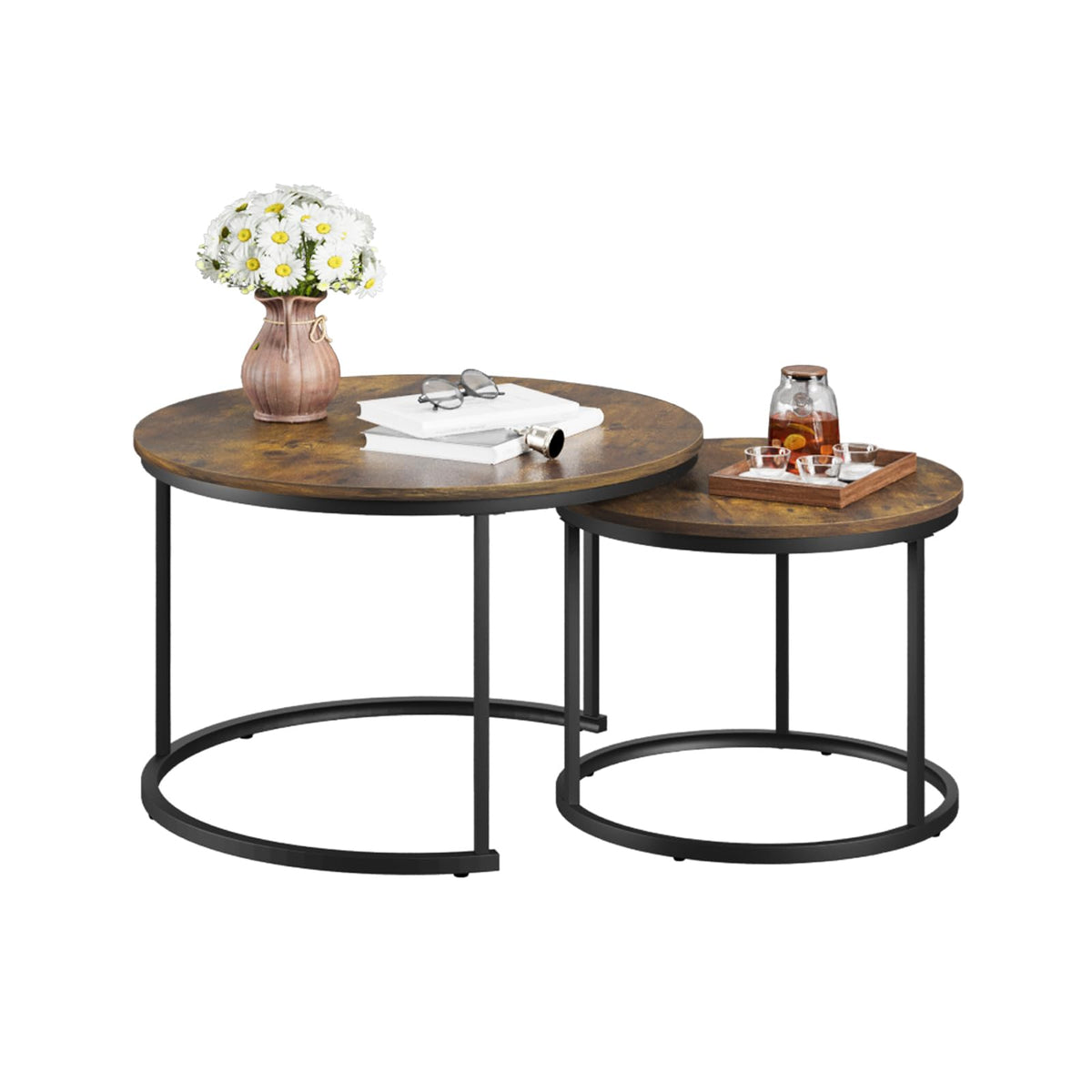 Smuxee Rustic Nesting Coffee Table Set of 2, 27.6" Round Coffee Table Wooden Marble Pattern with Adjustable Non-Slip Feet, Industrial End Table for Living Room Bedroom Balcony