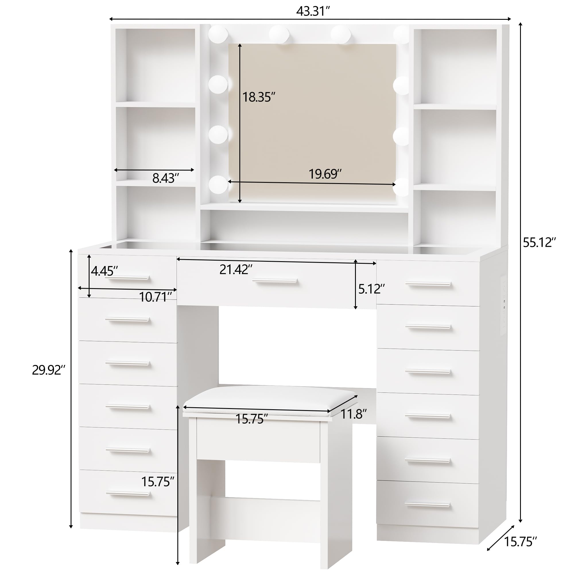 ANWBROAD Large Vanity Desk with Mirror and Lights, White Makeup Vanity Desk with Glass Top,13 Drawers,7 Open Shelves, 3 Colors Dressing Table with Stool Power Outlet for Bedroom Women UBDT18X
