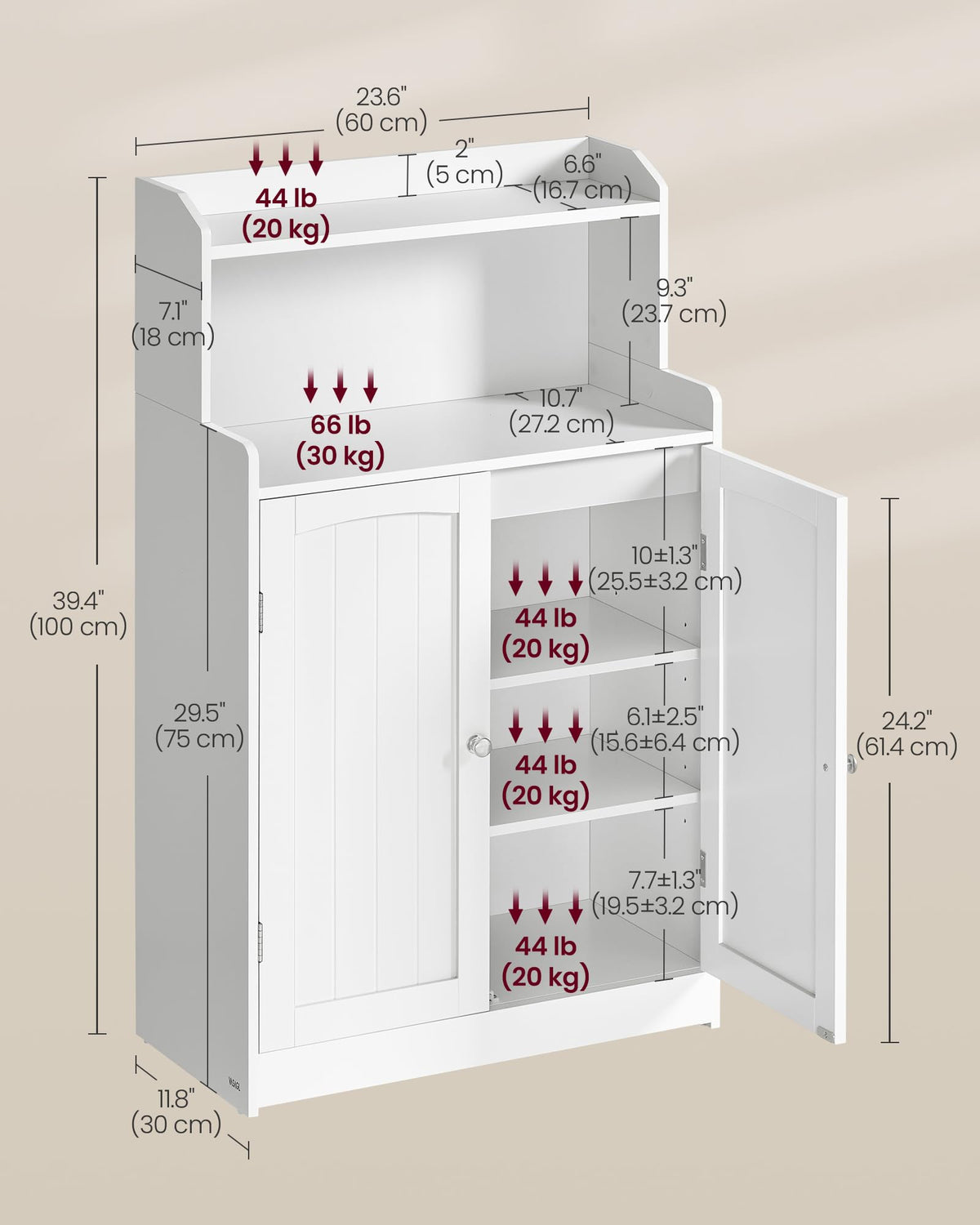 VASAGLE Tall Bathroom Storage Cabinet, Floor Cabinet with 2 Doors, 39.4" H