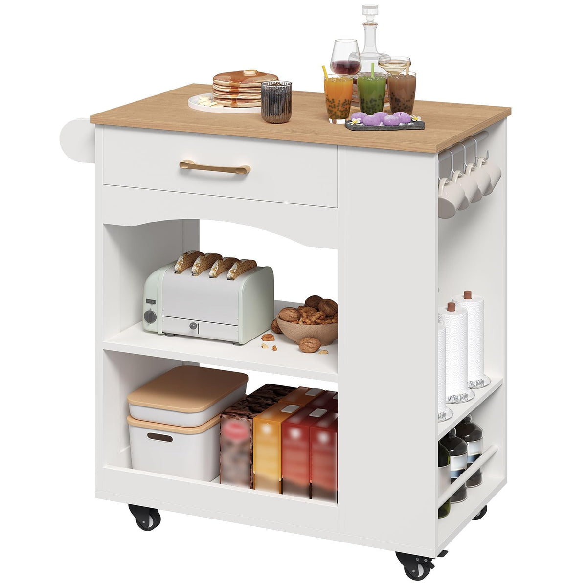 MAHANCRIS Kitchen Island, Mobile Kitchen Island Table with Drawer and Open Shelves, Kitchen Storage Island on Wheels, Rolling Kitchen Cart with 6 S-Shaped Hooks, for Kitchen White and Natural KIBN9901
