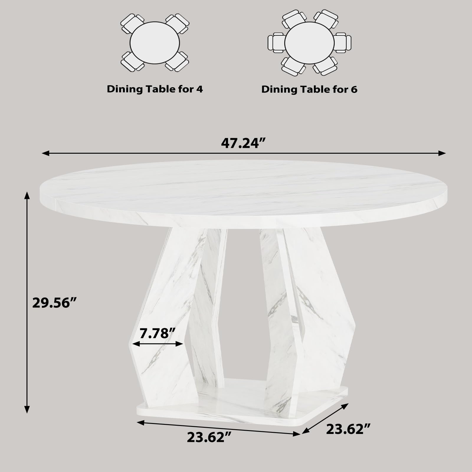 IBF Round Marble Dining Table,Dinner Tables for Kitchen 4-6,47 Inch Modern Pedestal Dining Room Table for Kitchen,Office,Living Room,White Marble