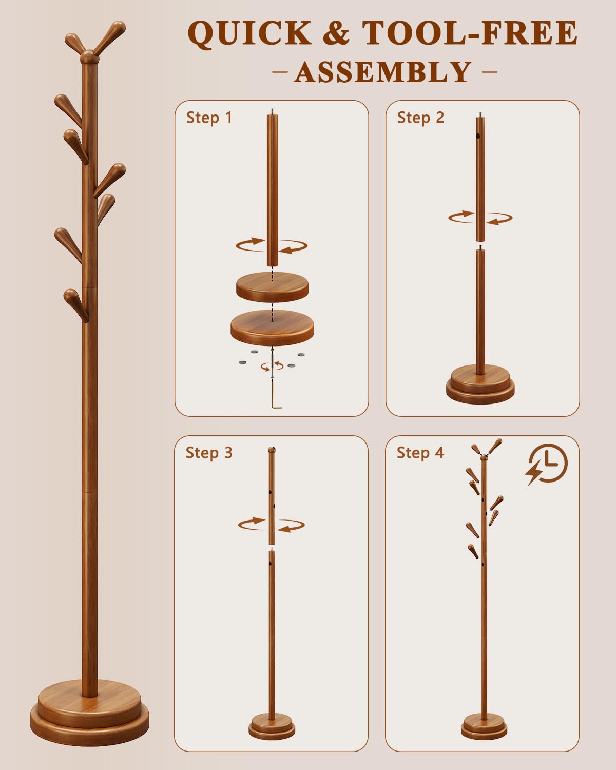 Freestanding Coat Rack with 8 Hooks, Adjustable Height