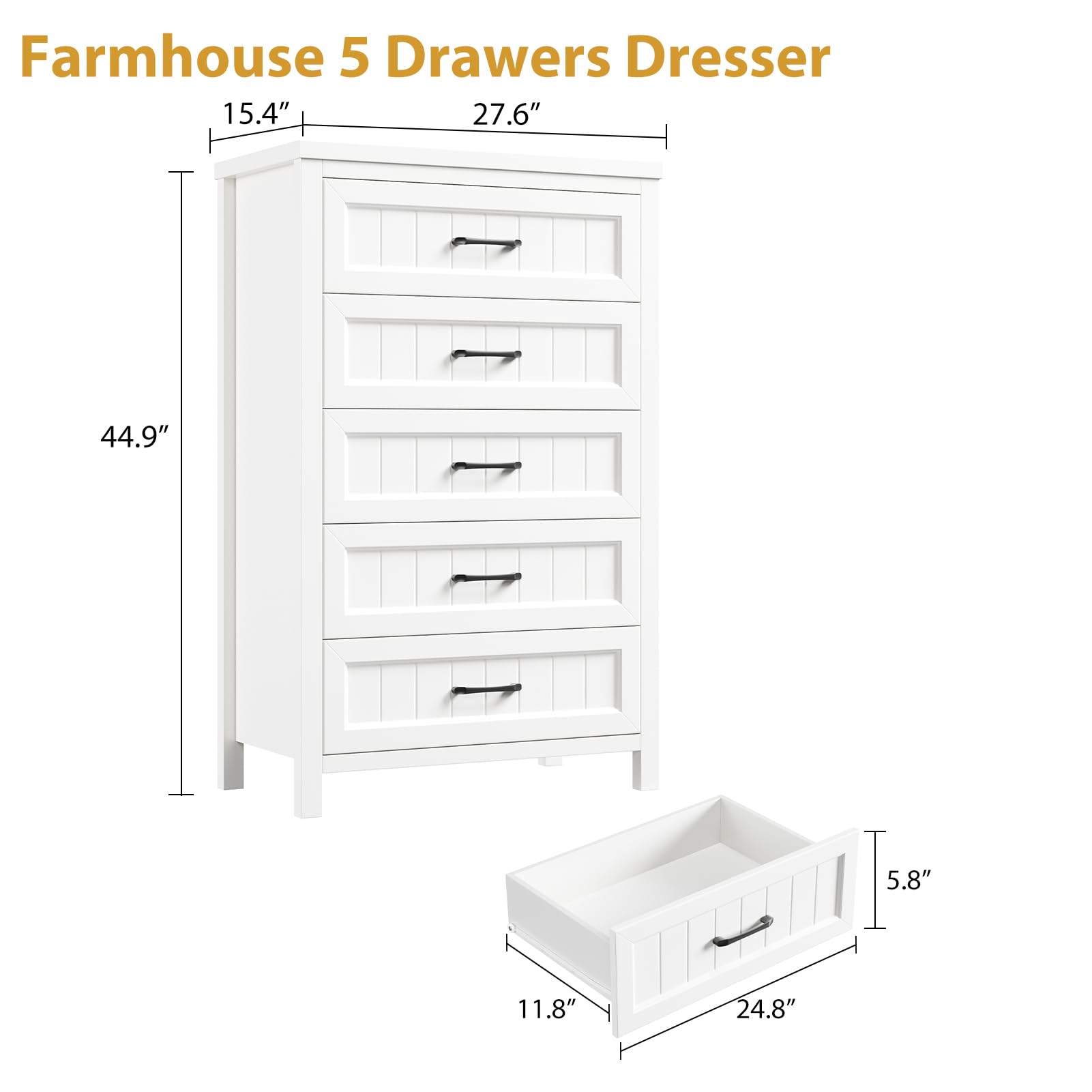 Jocoevol 5 Drawer Dresser for Bedroom - Farmhouse 44.9" Tall Chest of Dresser with Large Storage, Rubst Wood Construction for Living Room, Hallway & Entryway - White