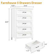 Jocoevol 5 Drawer Dresser for Bedroom - Farmhouse 44.9" Tall Chest of Dresser with Large Storage, Rubst Wood Construction for Living Room, Hallway & Entryway - White