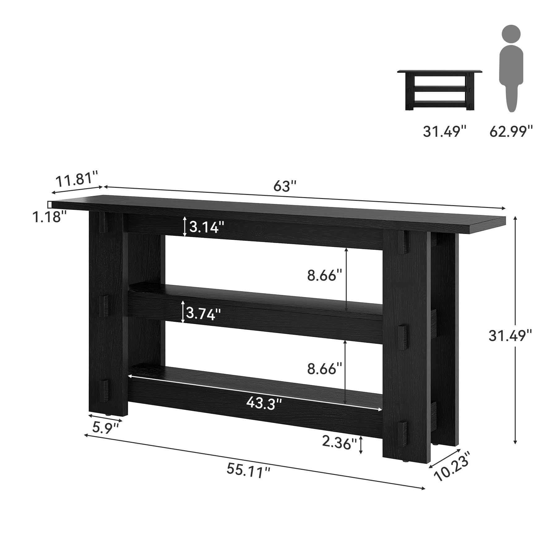 TRIBEWOOD 63-Inch Solid Wood Console Table, Farmhouse Sofa Table Behind Couch with Storage Shelves, Entryway Furniture for Living Room, Hallway, Foyer, Black